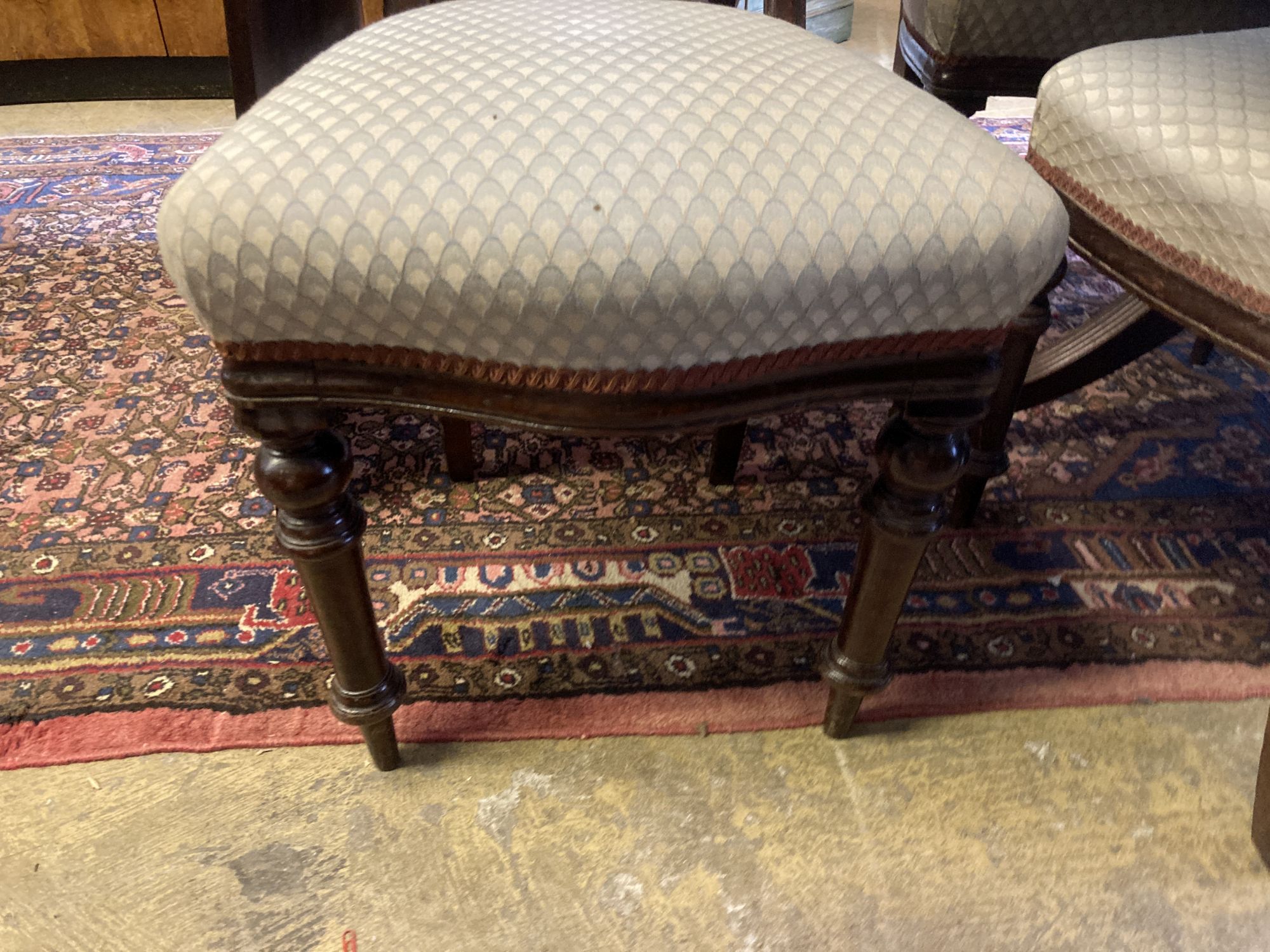 A George III style mahogany twin pillar extending dining table, extended 270cm (one spare leaf), together with a set of six Victorian o